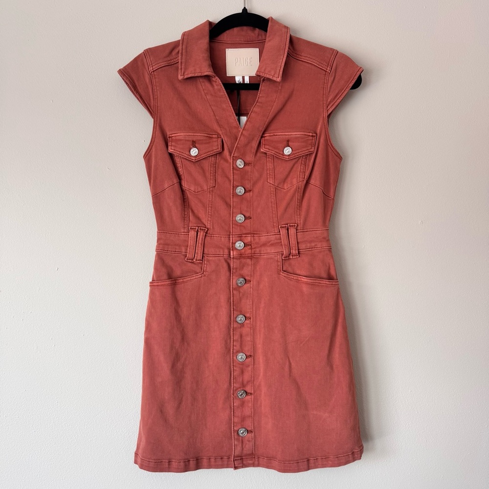 PAIGE Jaxsyn Jolene Denim Mini Shirtdress Vintage Clay Size 0 NWT - Picture 2 of 15